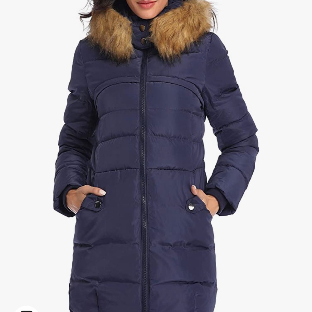 Obosoyo Women's Hooded mid Long winter Down Jacket Navy XL super warm!